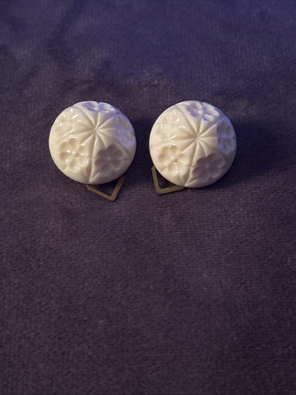 Vintage Germany White Floral Imprint Clip On Earrings